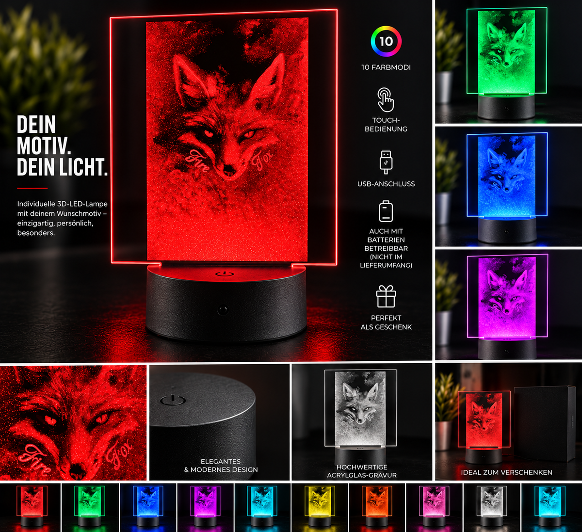 Personalisierte 3D-LED-Lampe mit Wunschmotiv, 10 Farbmodi und Batteriebetrieb