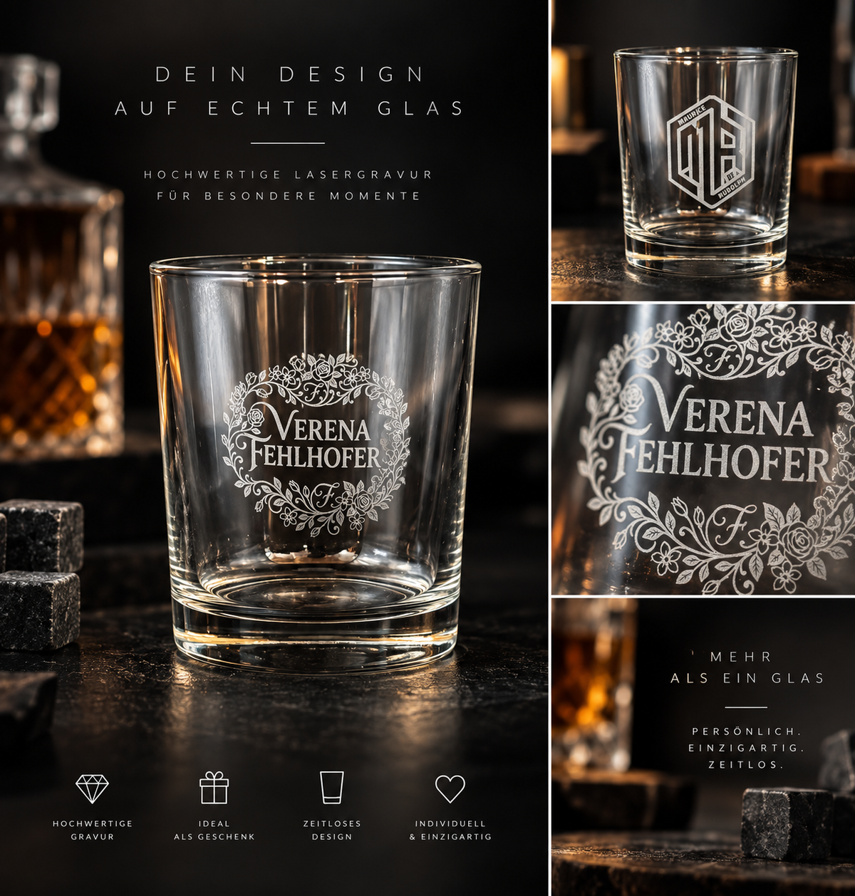 Personalisiertes Whiskyglas mit detaillierter Lasergravur
